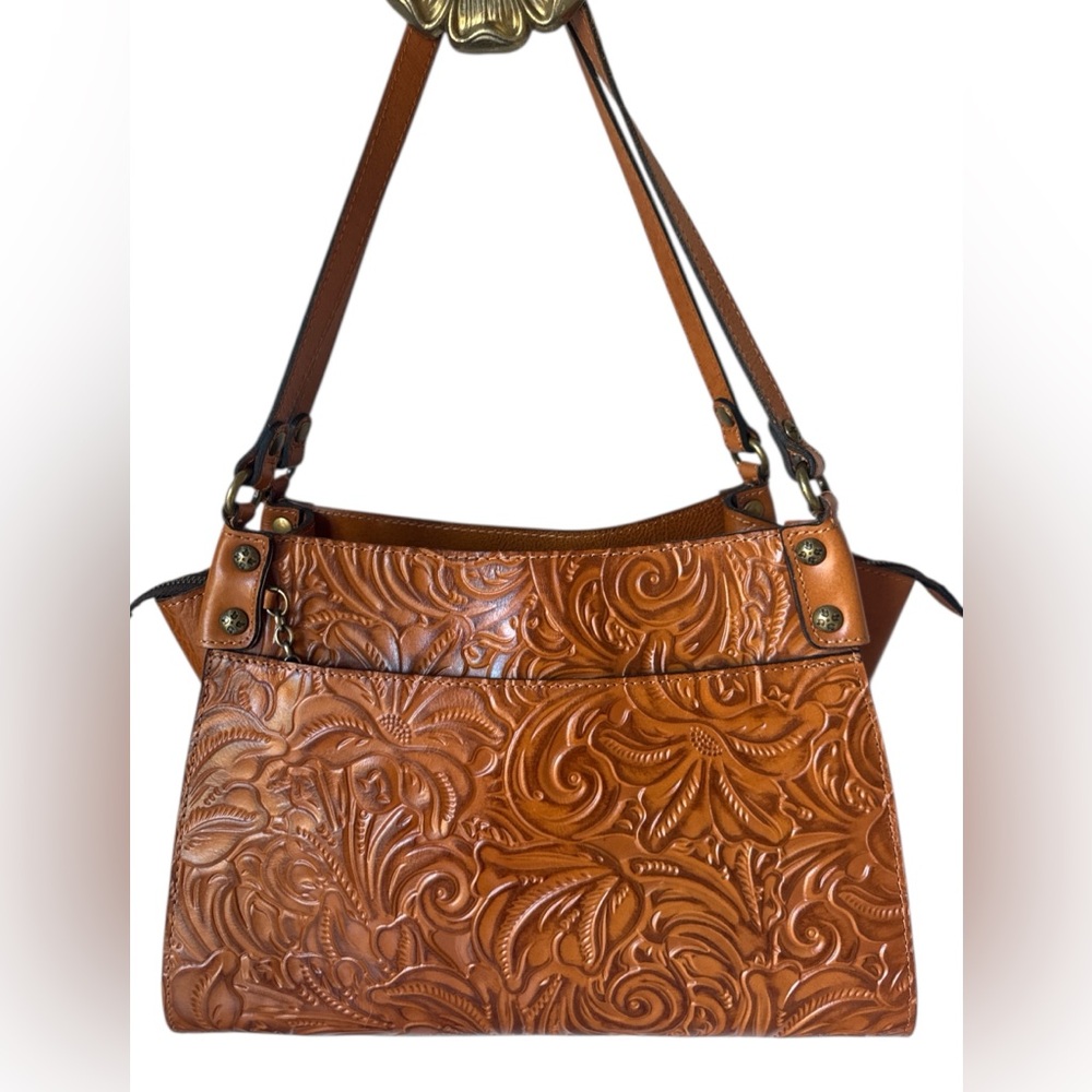 Patricia Nash leather tooled shoulder bag tote burnished design cognac color